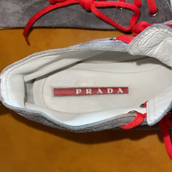 Prada, size 38 (8), grey suede red and silver accents, leather and rubber trim. - Picture 6 of 7